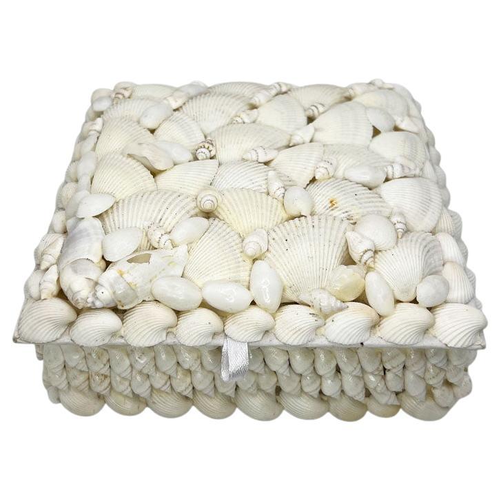 Vintage White Square Shell-Encrusted Trinket Box – Coastal Nautical Décor