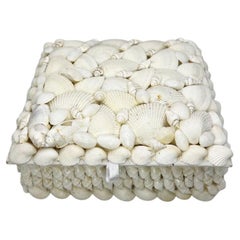 Vintage White Square Shell-Encrusted Trinket Box – Coastal Nautical Décor