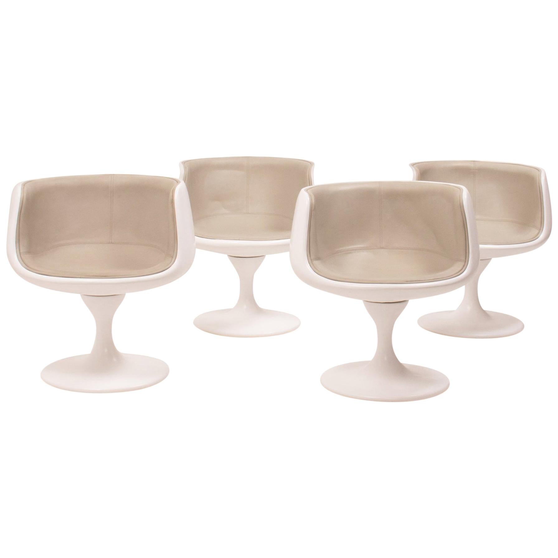 Modern Curved White and Taupe Grey Leather Swivel Tulip Tub Chairs, Set of 4