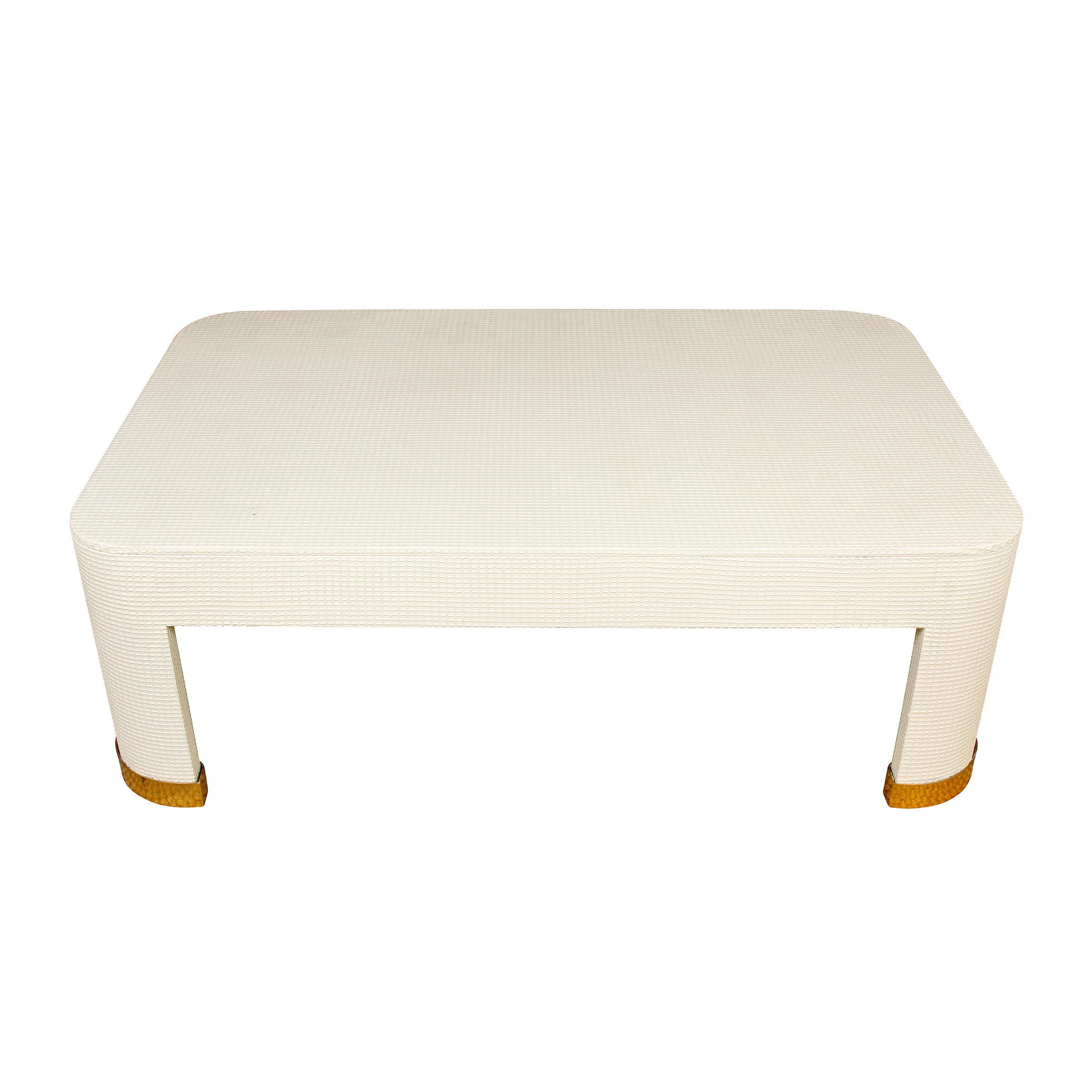 Vintage White Textured Cocktail Table with Brass Feet