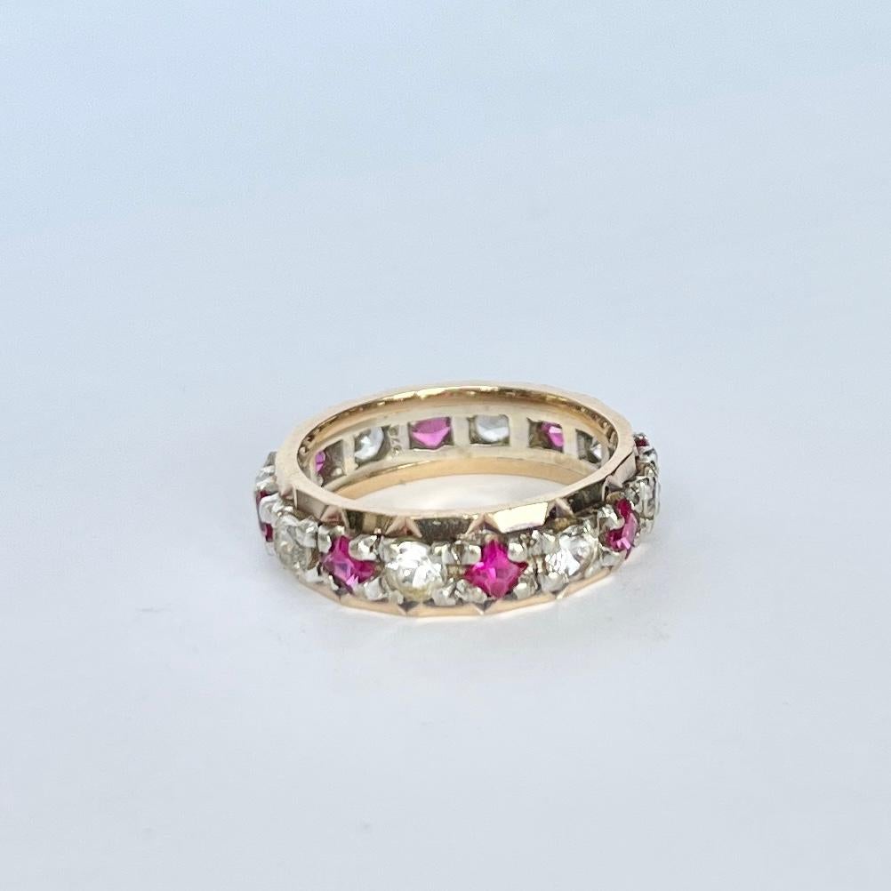 Vintage White Topaz and Ruby 9 Carat Gold Full Eternity Band In Good Condition For Sale In Chipping Campden, GB