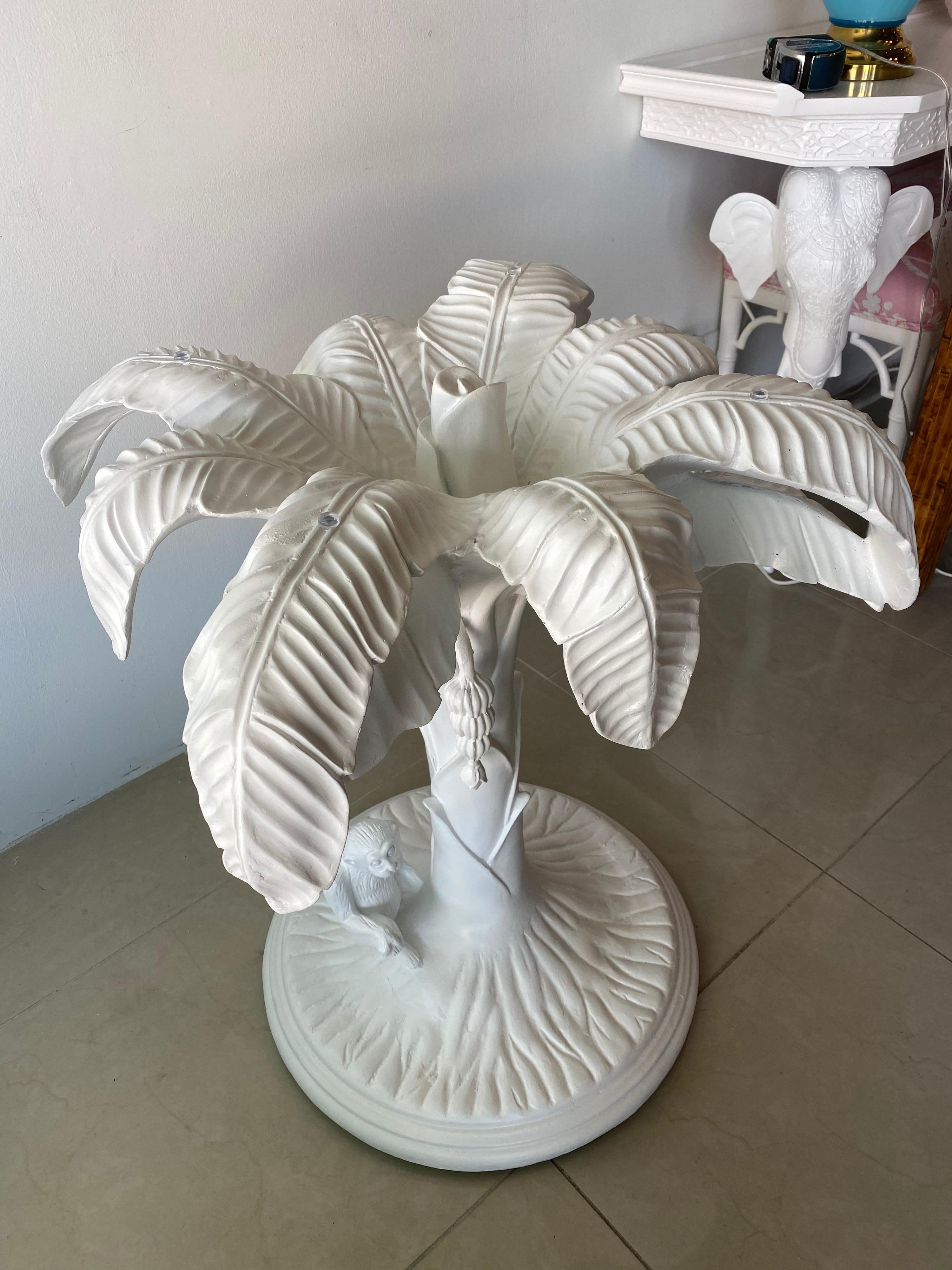 Hollywood Regency Vintage White Tropical Palm Tree Leaf Monkey Dining Entry Center Table