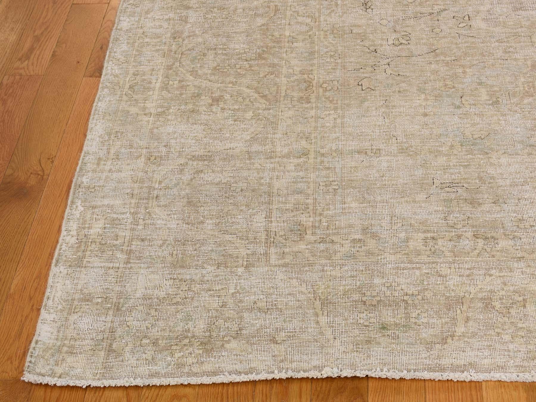 Hand-Knotted Vintage White Wash Persian Kerman Hand Knotted Worn Wool Rug