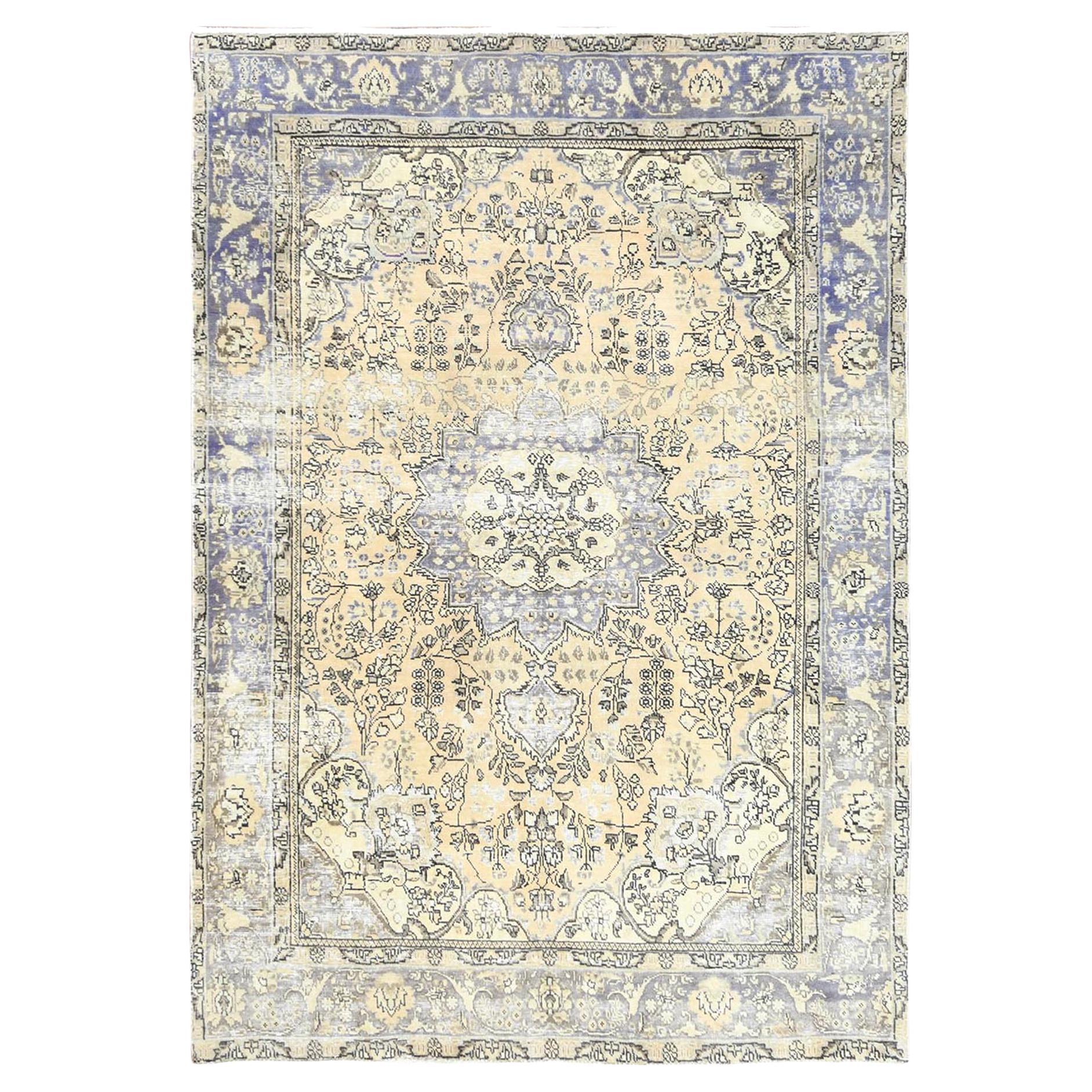 White Wash Persian Heriz Hand Knotted Distressed Old Natural Wool