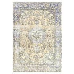 Vintage White Wash Persian Tabriz Distressed Worn Wool Hand Knotted Rug