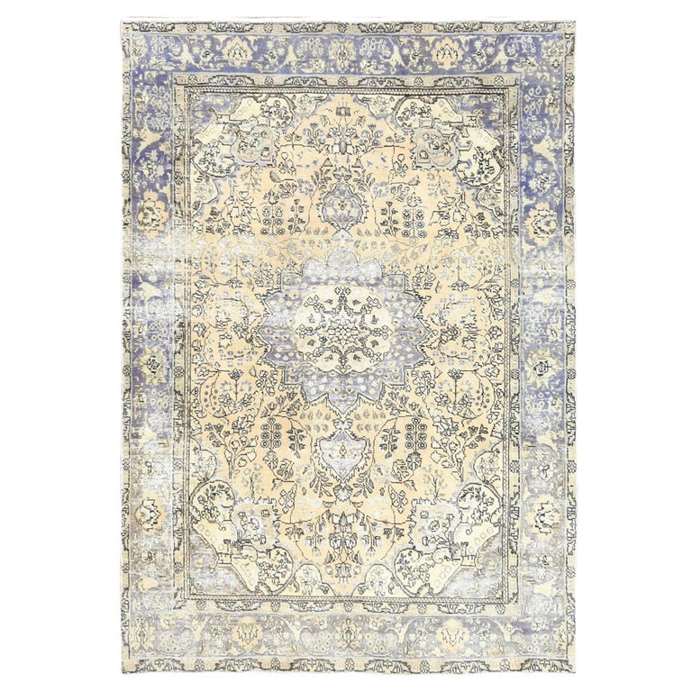 Vintage White Wash Persian Tabriz Distressed Worn Wool Hand Knotted Rug ...