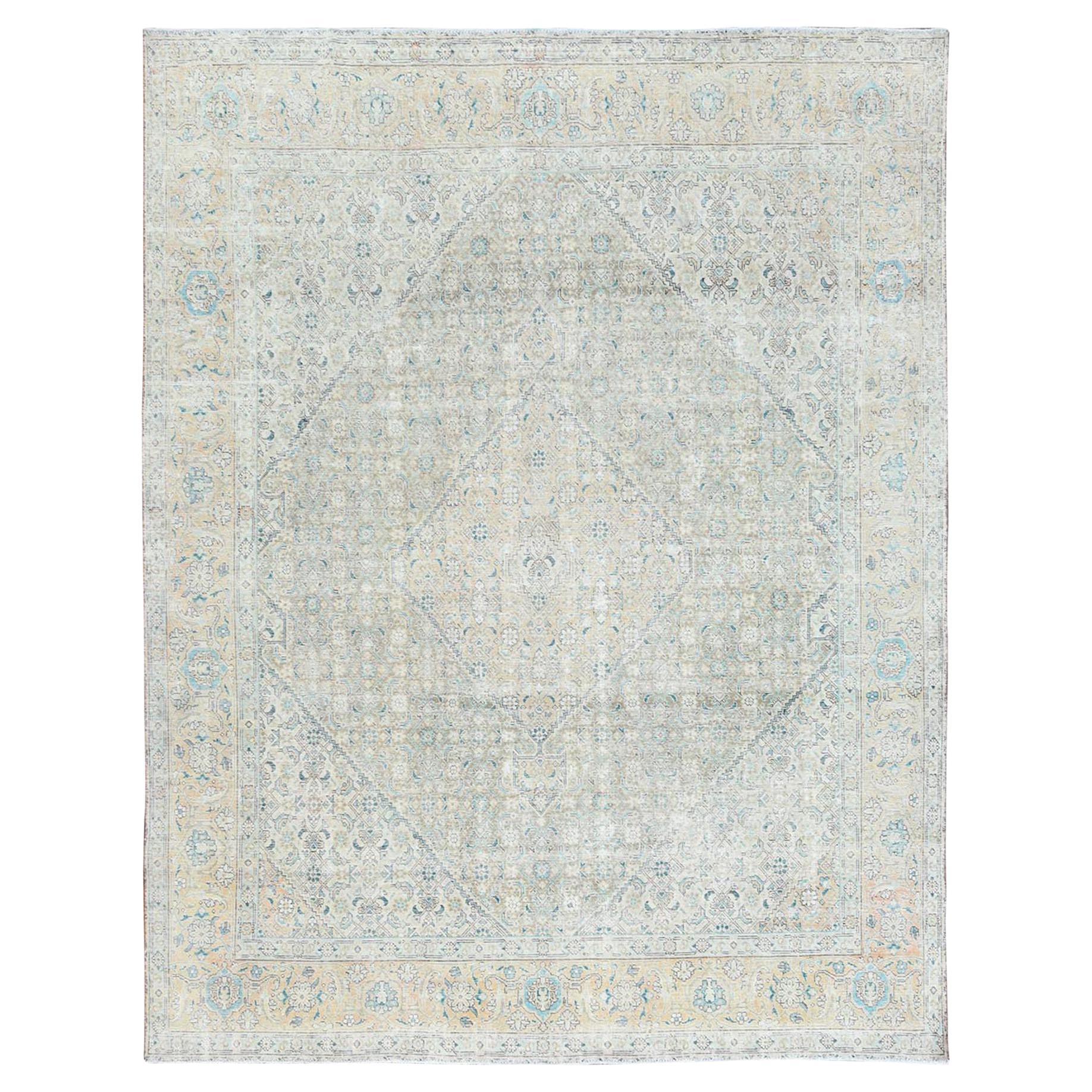 Hand Knotted Beige Vintage White Wash Persian Tabriz Distressed Worn