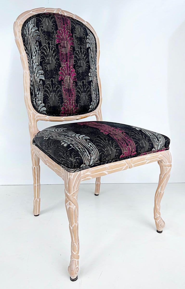 Vintage White Washed Carved Faux Bois Dining Chairs, Set 6 For Sale at 1stDibs