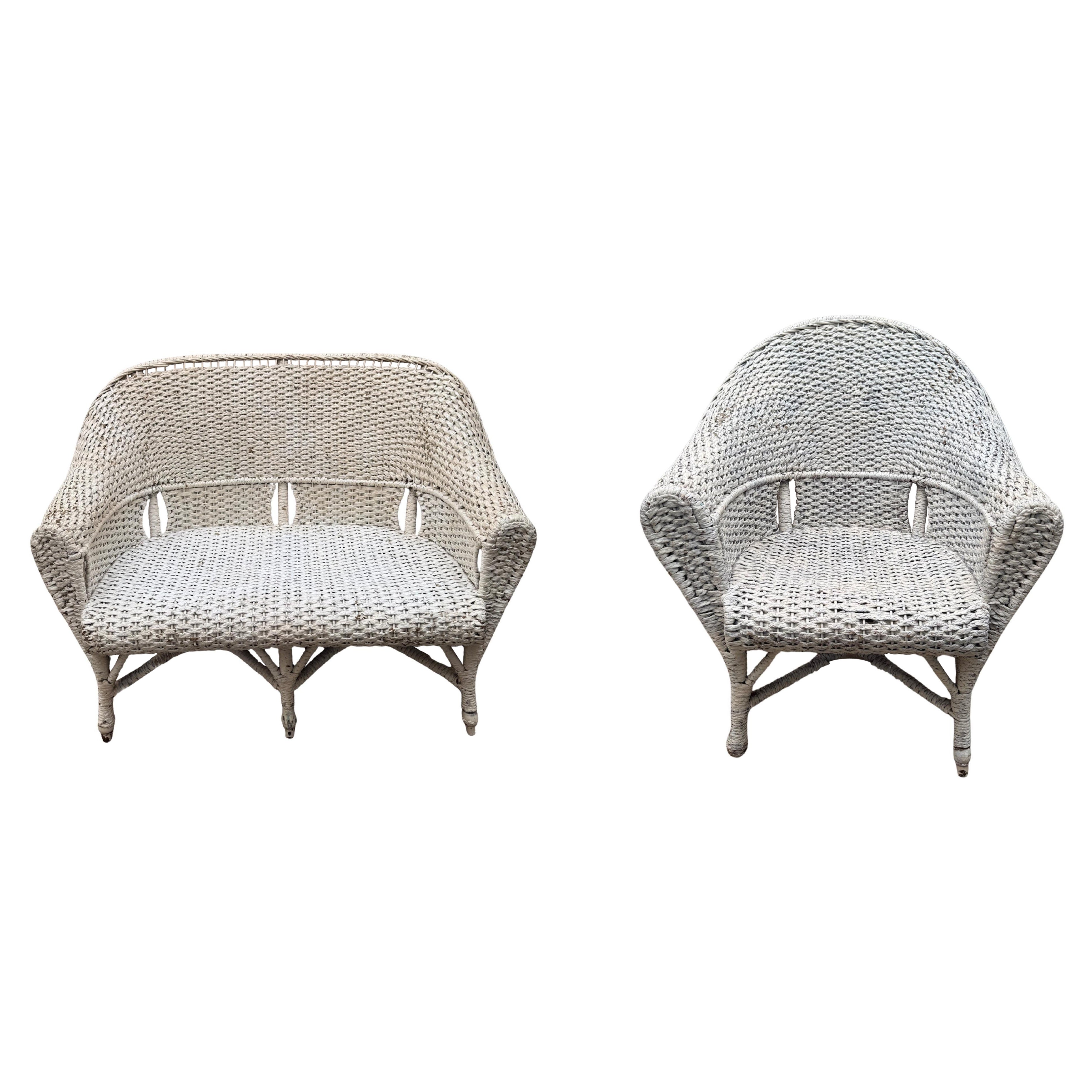Vintage White Wicker Armchair and Loveseat Set