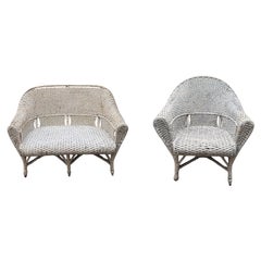 Vintage White Wicker Armchair and Loveseat Set