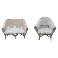 Used White Wicker Armchair and Loveseat Set