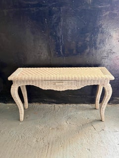Vintage White Wicker Console Table with Single Drawer and Cabriole Legs, circa 1