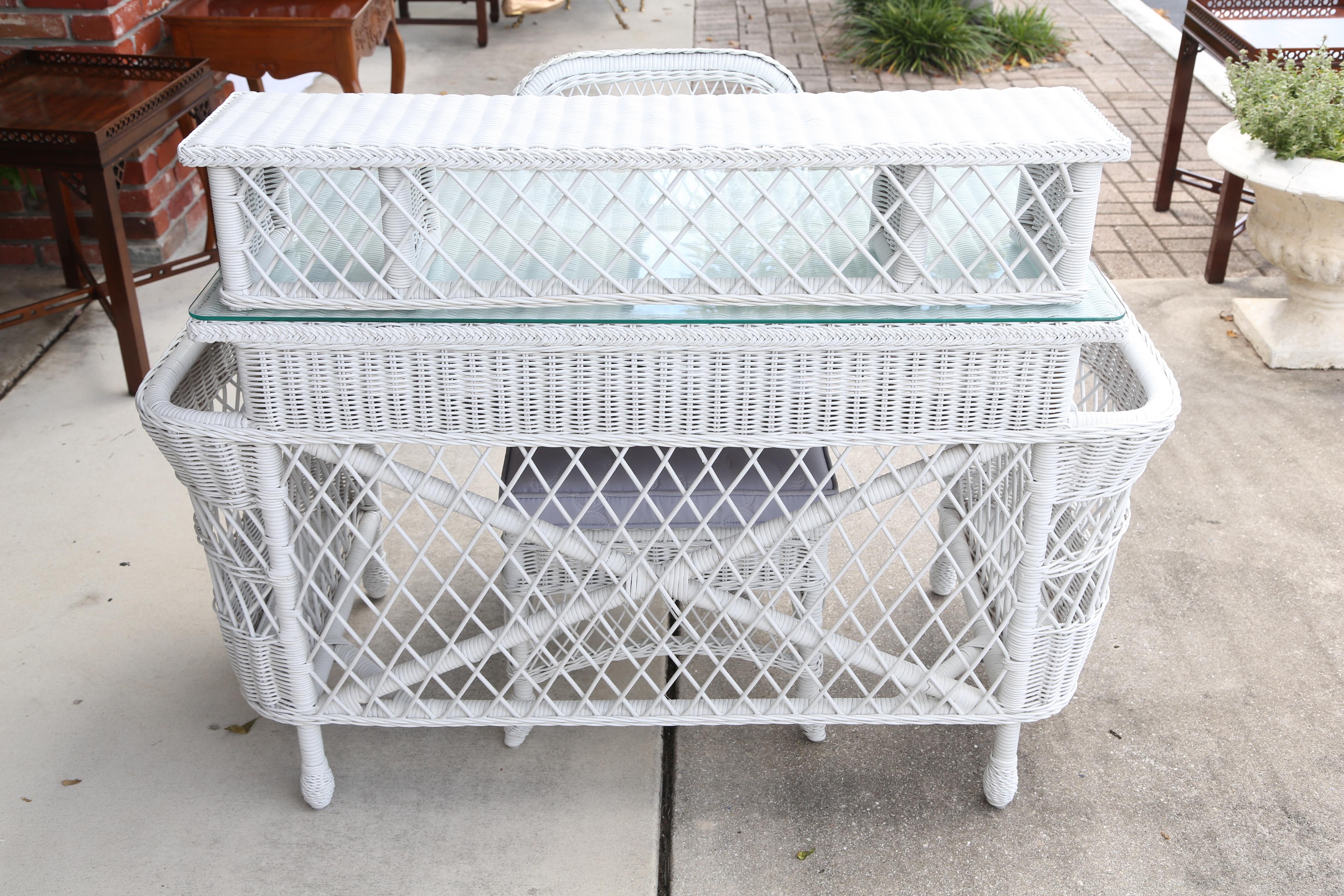 Vintage White Wicker Dressing Table & Chair 3