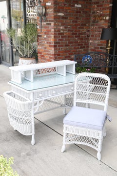 Vintage White Wicker Dressing Table & Chair
