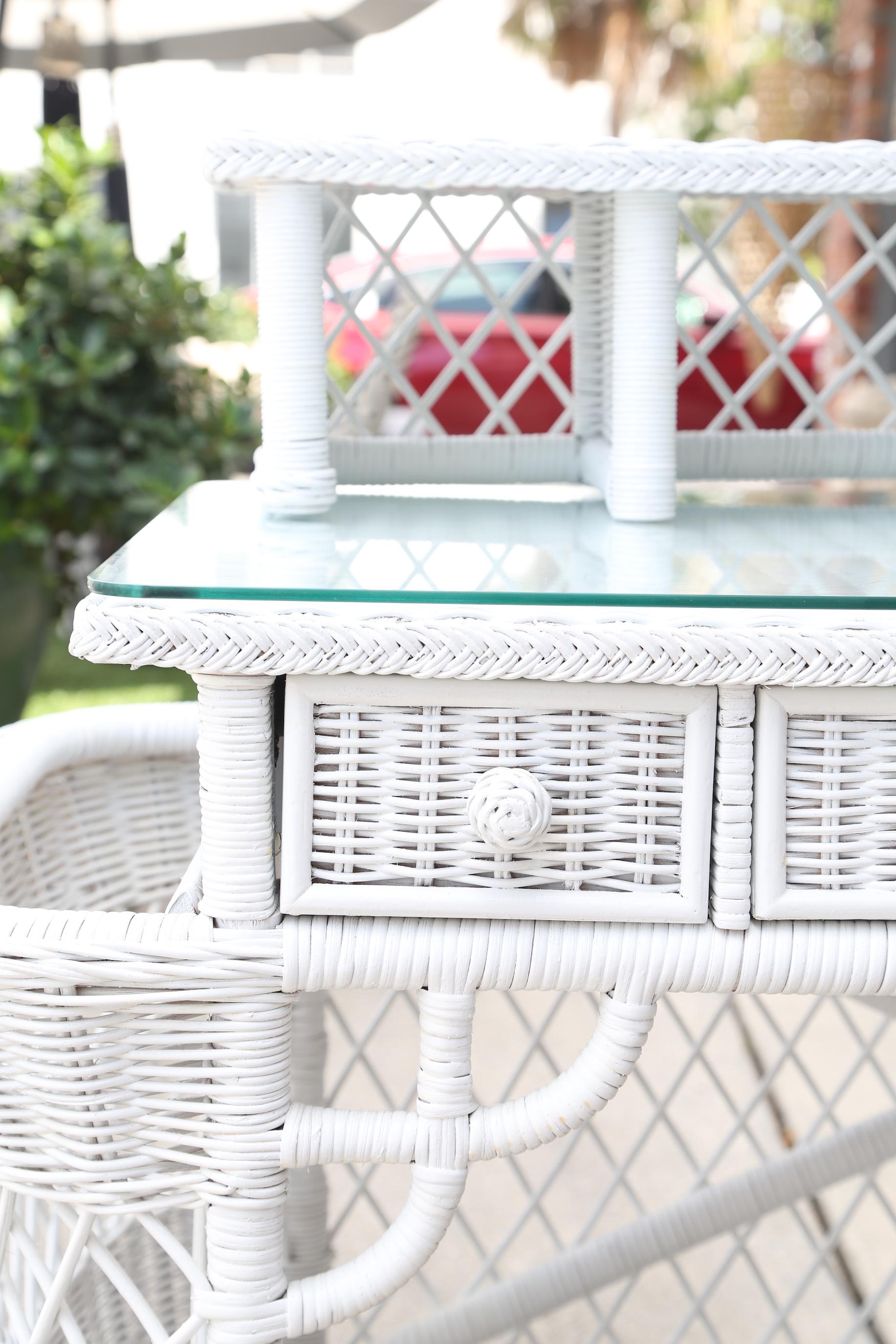 Vintage White Wicker Dressing Table & Chair 1