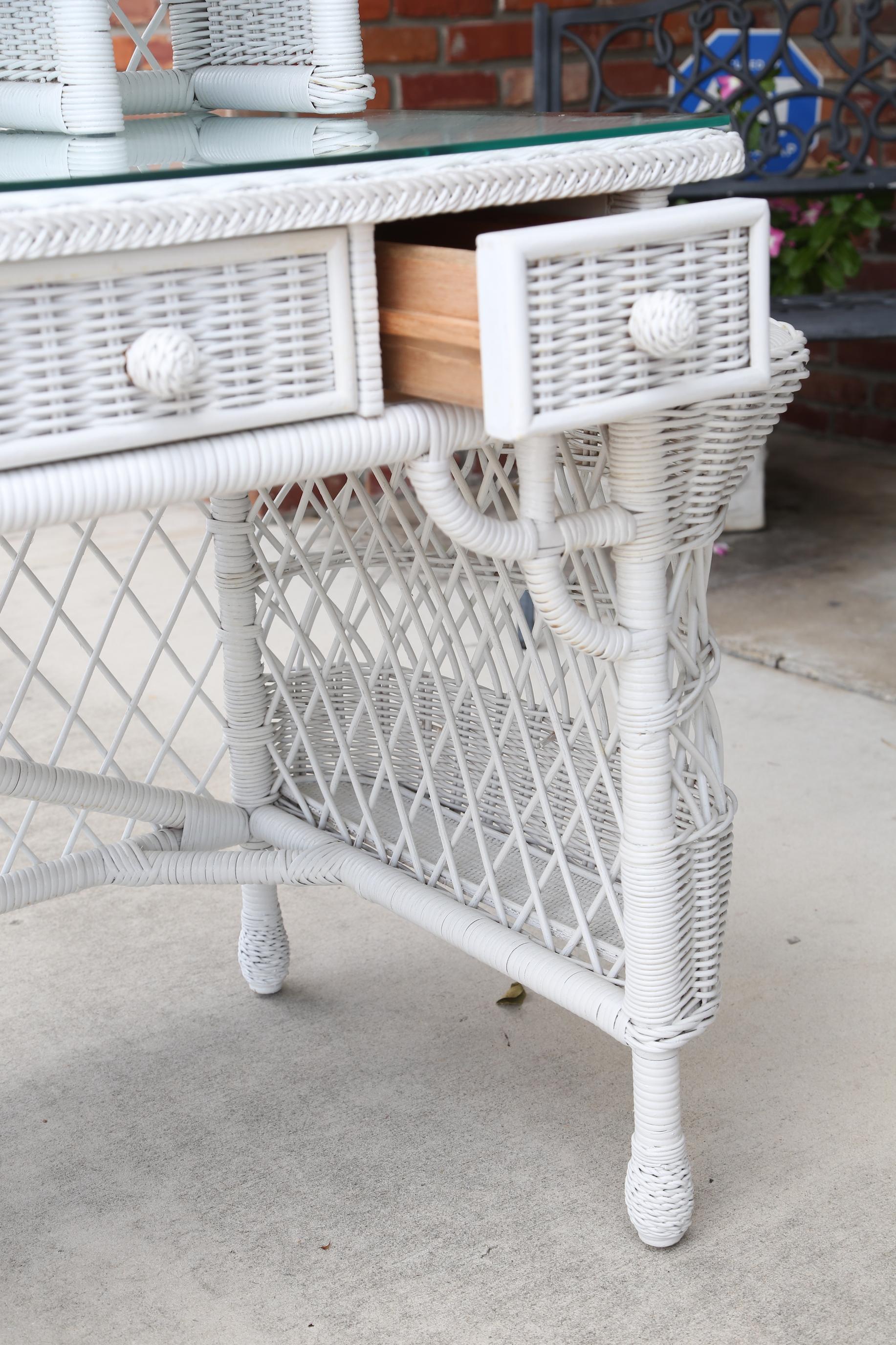 Vintage White Wicker Dressing Table & Chair 2