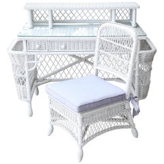 Vintage White Wicker Dressing Table & Chair