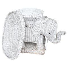 Vintage White Wicker Elephant Side Table or Plant Stand - Hollywood Regency