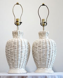 Vintage White Wicker Pair of Table Lamps, Coastal, Hollywood Regency Style
