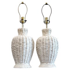 Vintage White Wicker Pair of Table Lamps, Coastal, Hollywood Regency Style