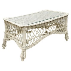 Vintage White Wicker Victorian Style Glass Top Coffee Table