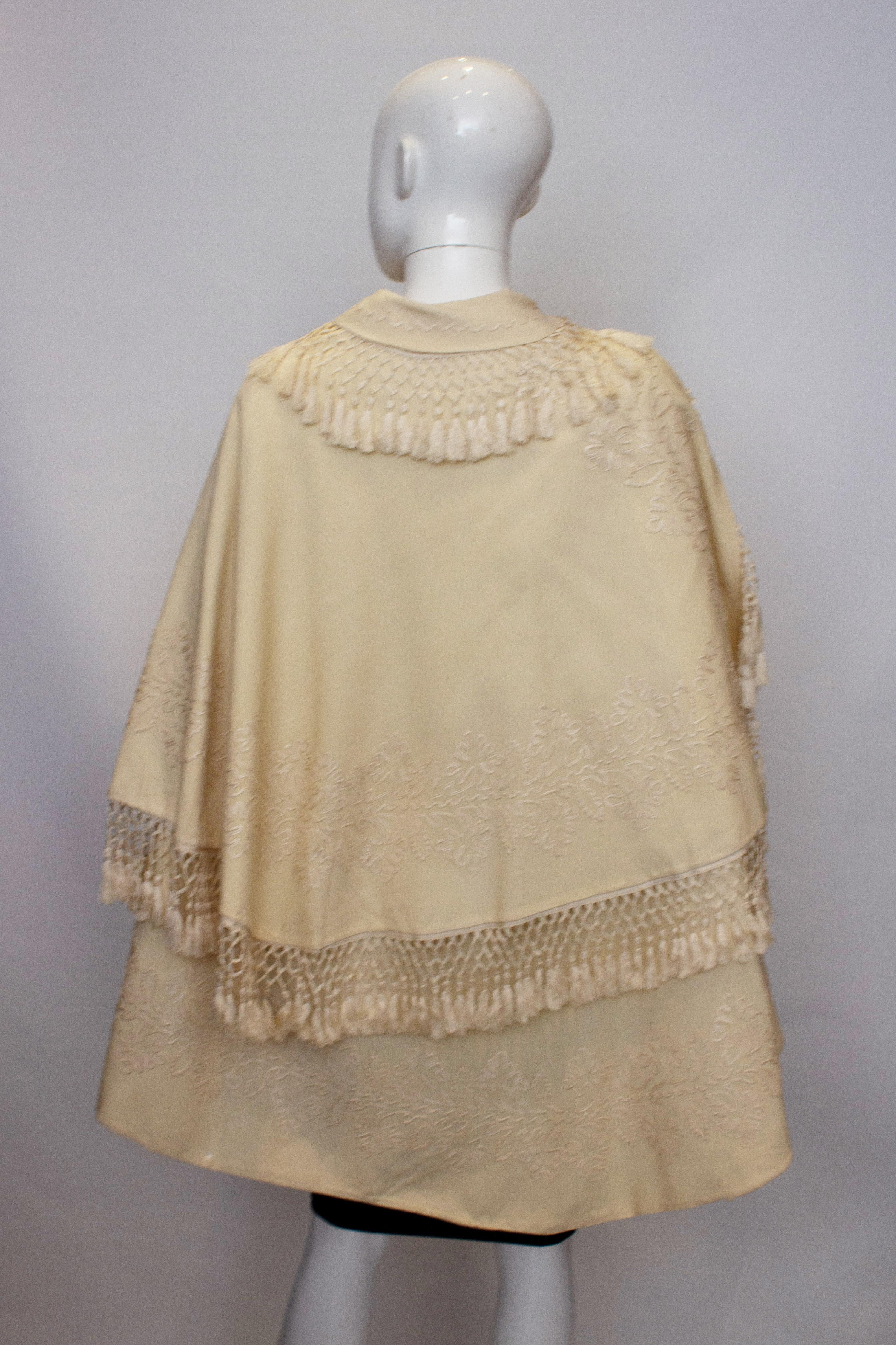 Brown Vintage White Wool Cape with Embroidery and Fringing For Sale