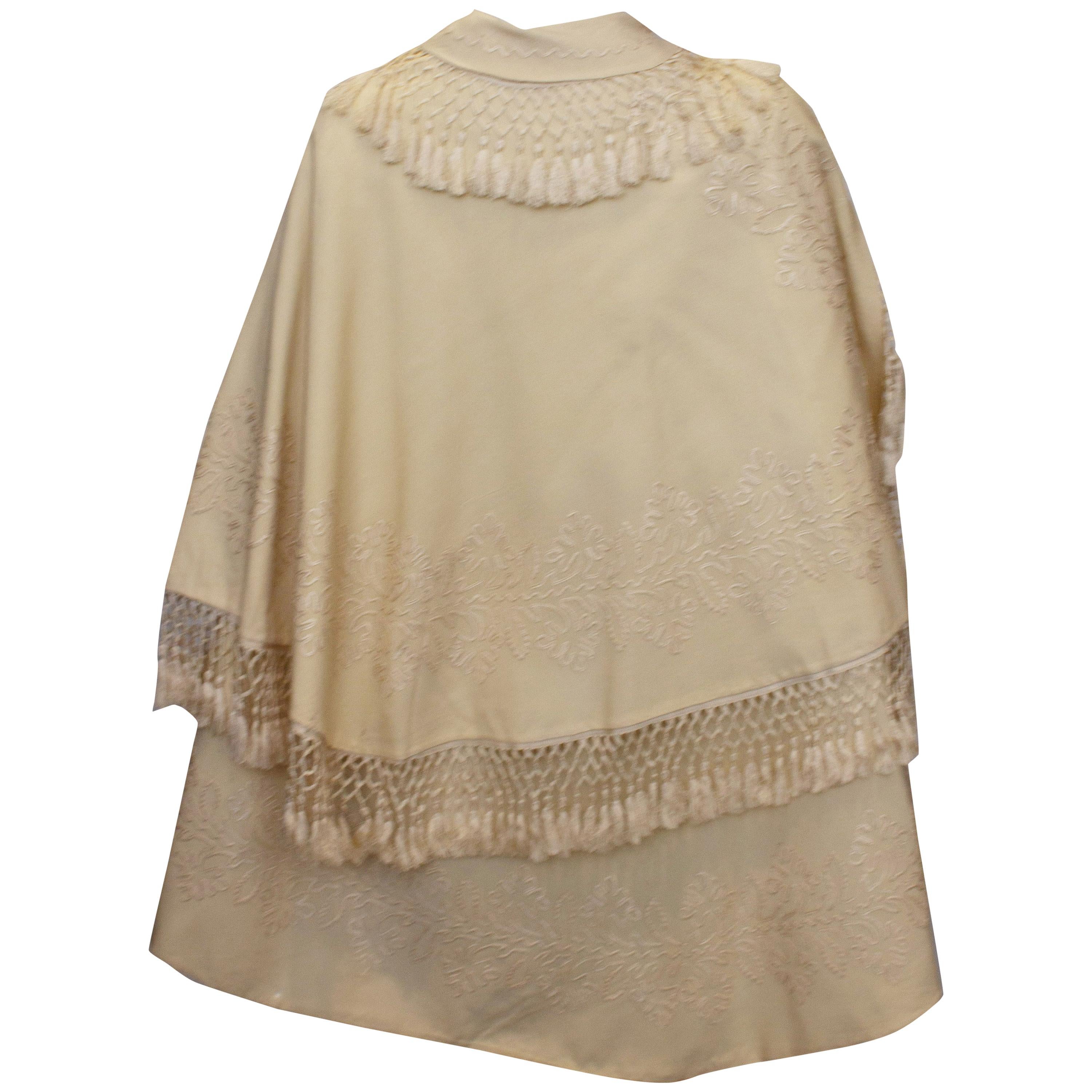Vintage White Wool Cape with Embroidery and Fringing