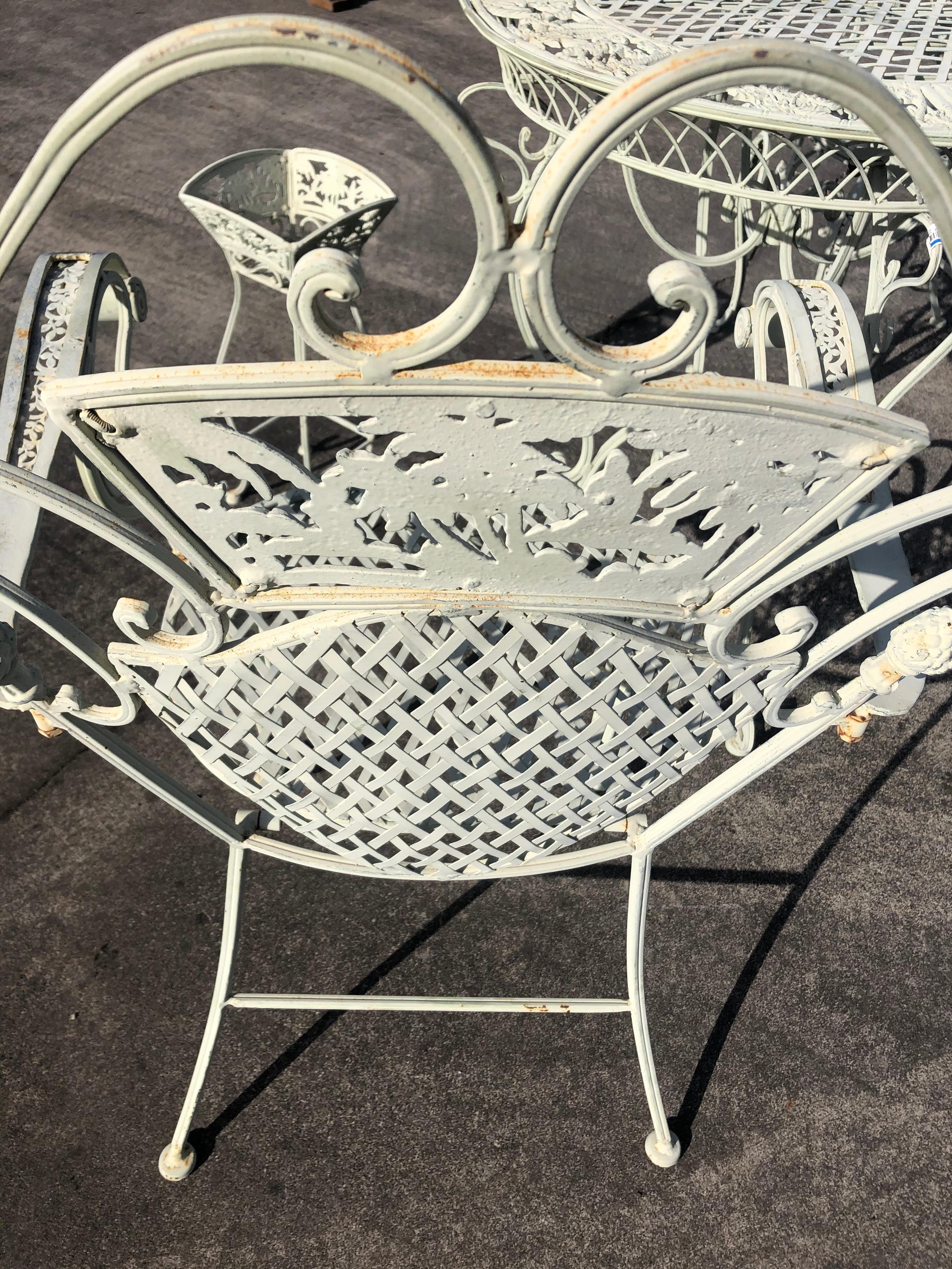 Vintage White Wrought Iron Round Bistro Table with Matching Armchairs 1