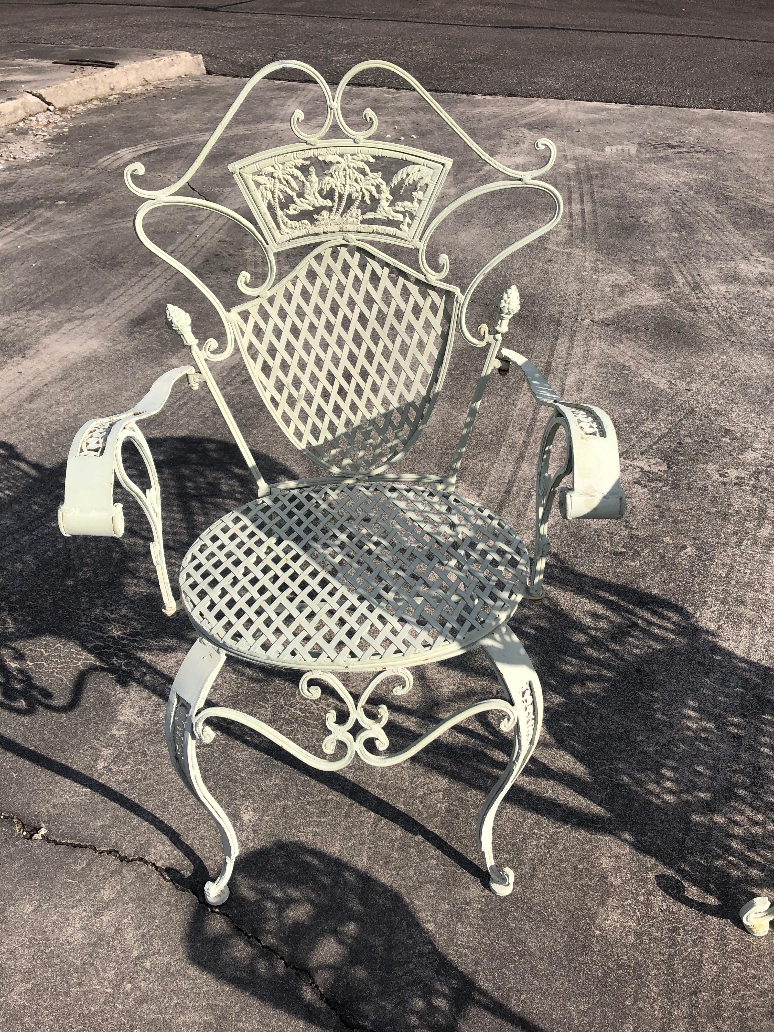 Victorian Vintage White Wrought Iron Round Bistro Table with Matching Armchairs