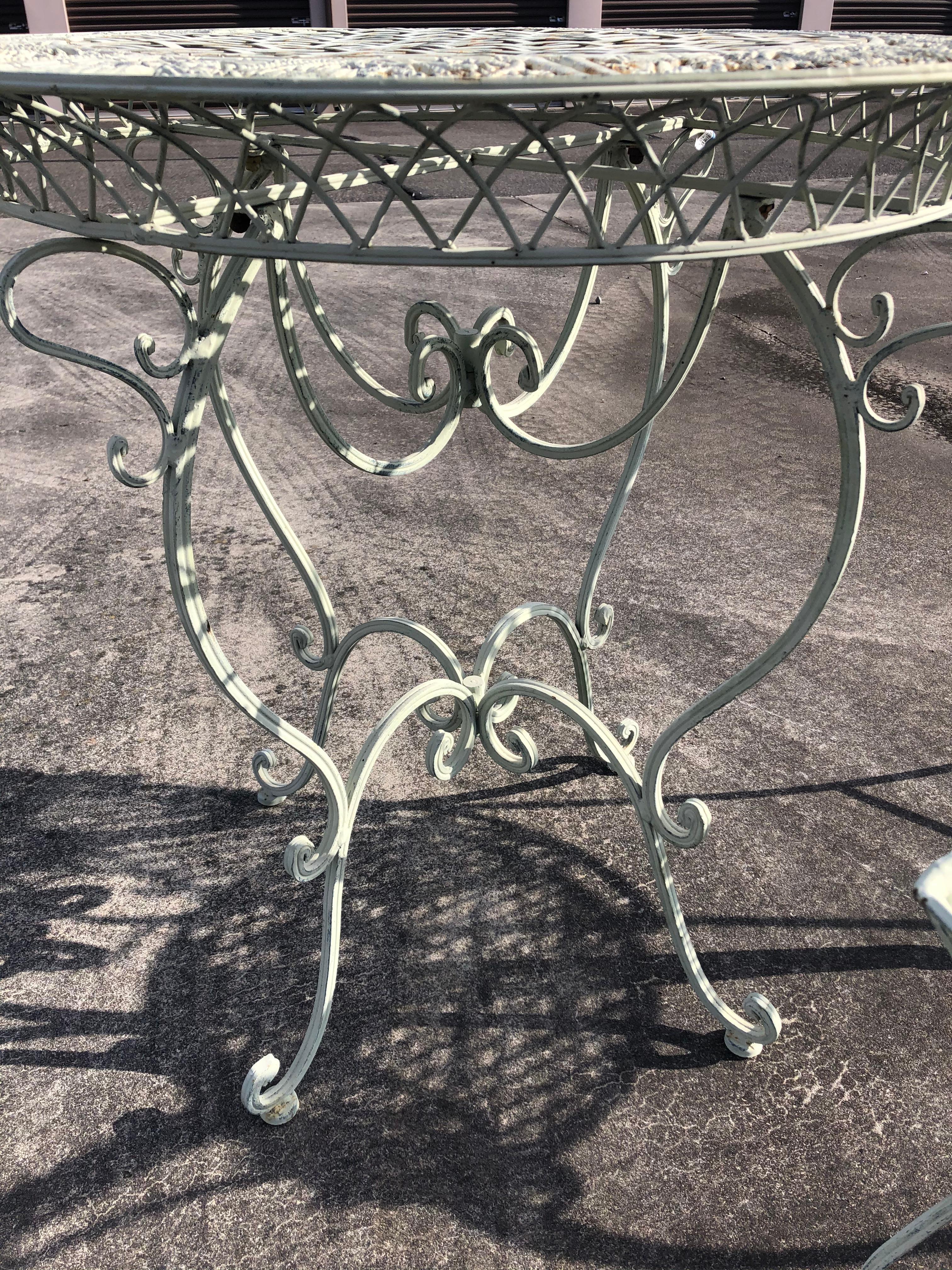 Mid-20th Century Vintage White Wrought Iron Round Bistro Table with Matching Armchairs