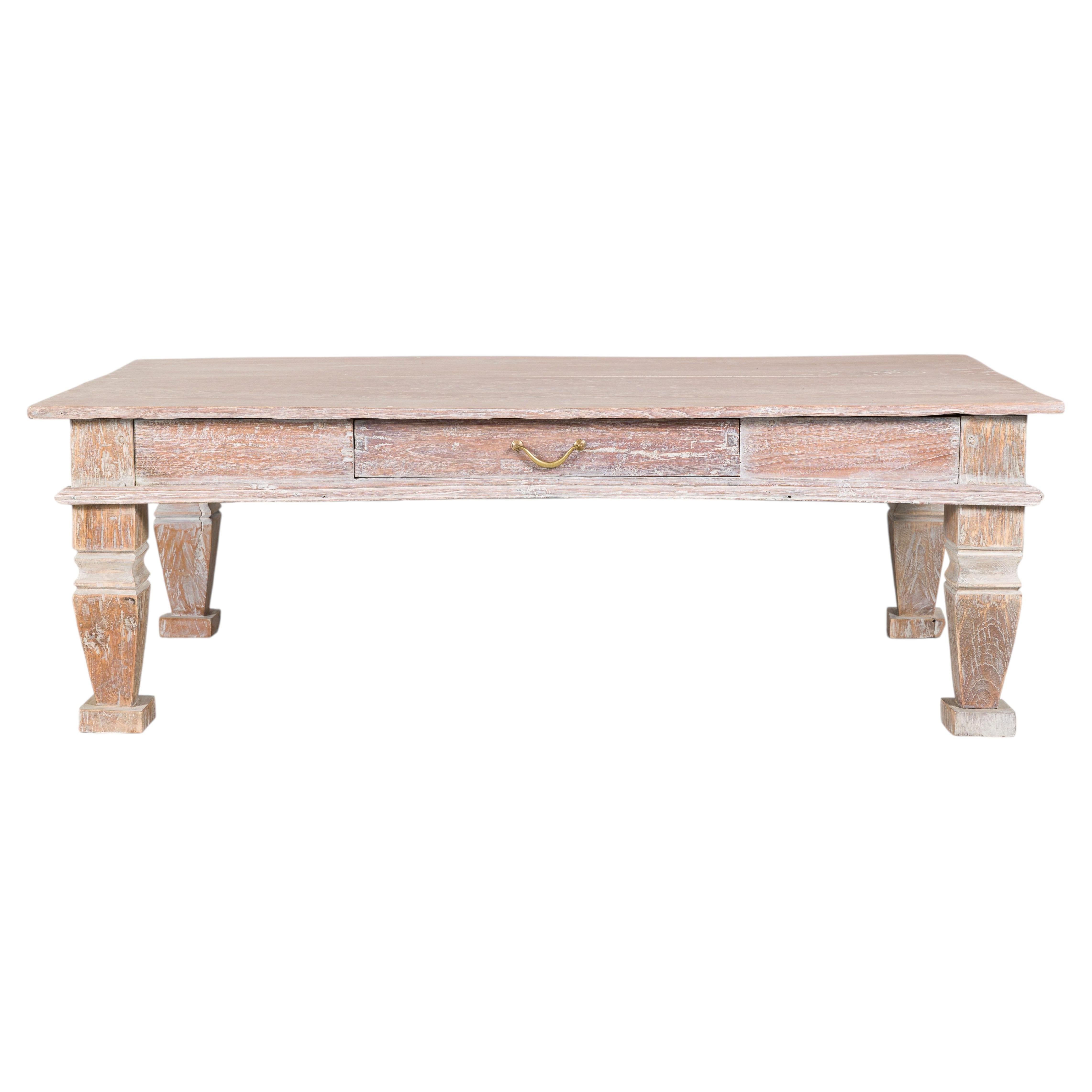 Vintage Whitewashed Teak Coffee Table with Single Drawer