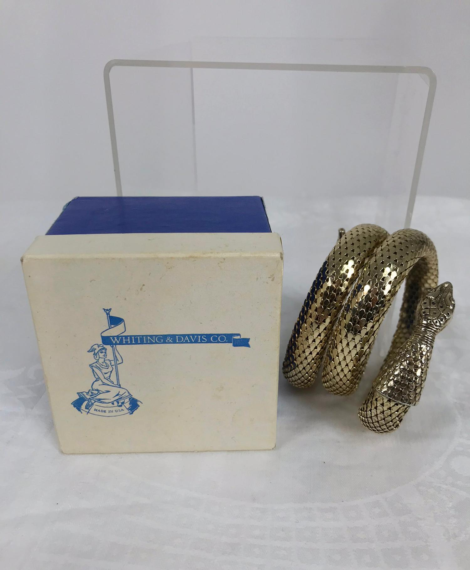Vintage Whiting and Davis gold metal mesh coiled snake bracelet from the 1970s, with the original box.  Will fit many wrists.