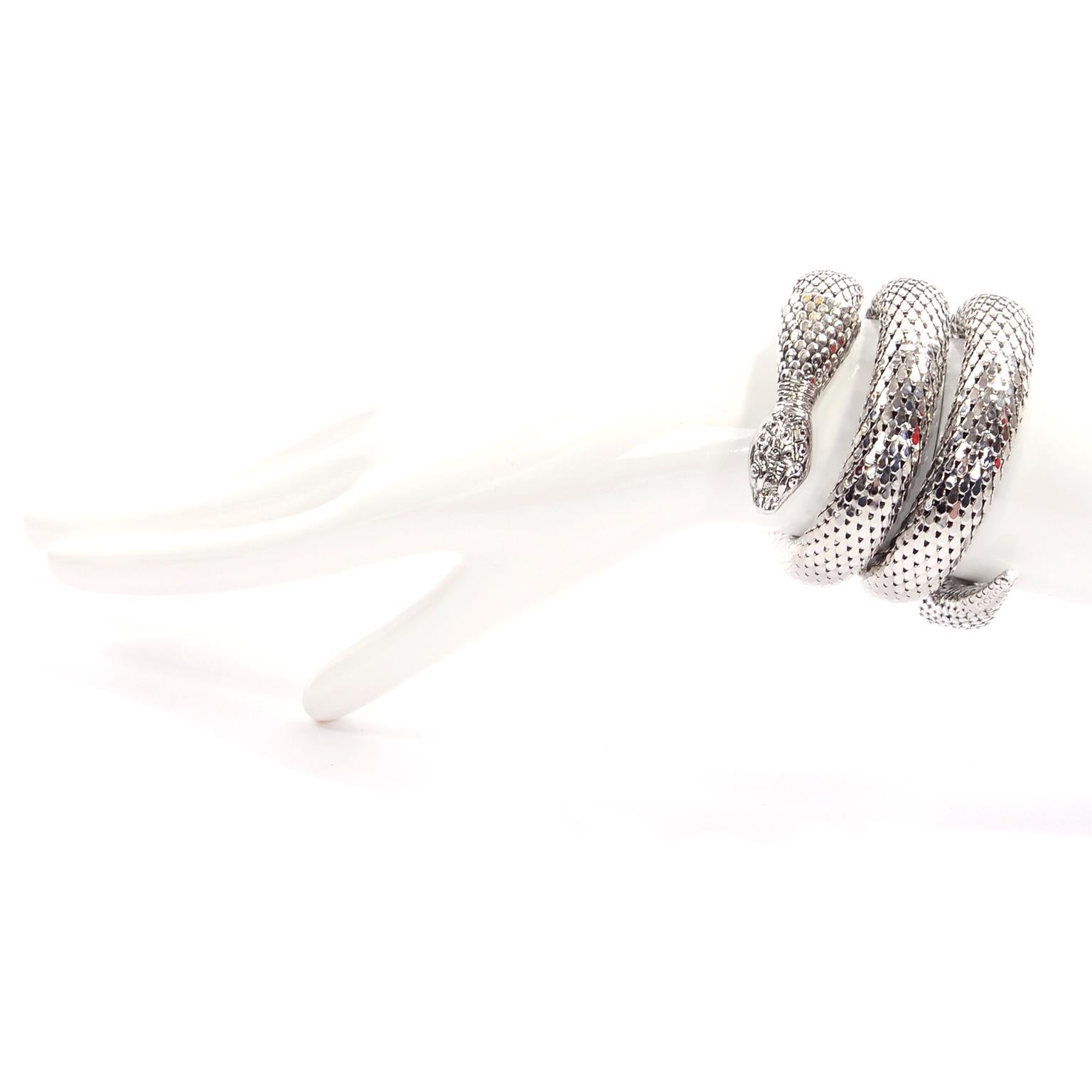 This is an outstanding vintage 1970's Egyptian revival silver mesh snake bracelet from Whiting & Davis.  This coiled snake bracelet was made by the masters of mesh, who were first known for their incredible mesh handbags.  We also have the same
