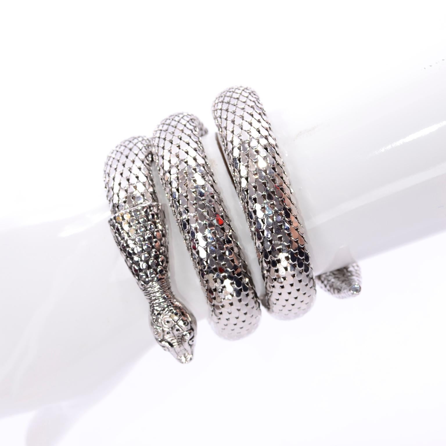 Vintage Whiting & Davis 1970s Silver Mesh Coil Snake Bracelet In Excellent Condition In Portland, OR