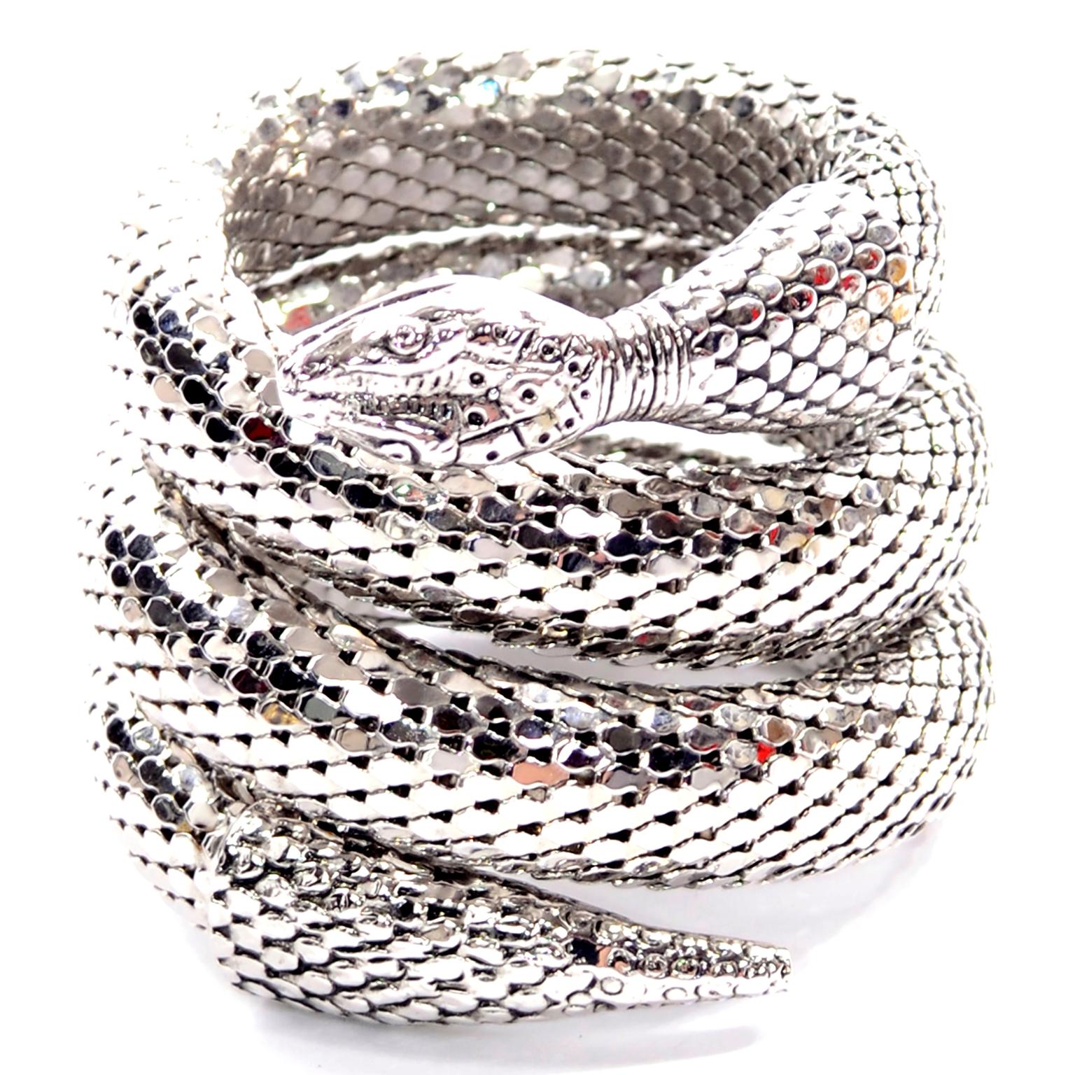 Vintage Whiting & Davis 1970s Silver Mesh Coil Snake Bracelet 1