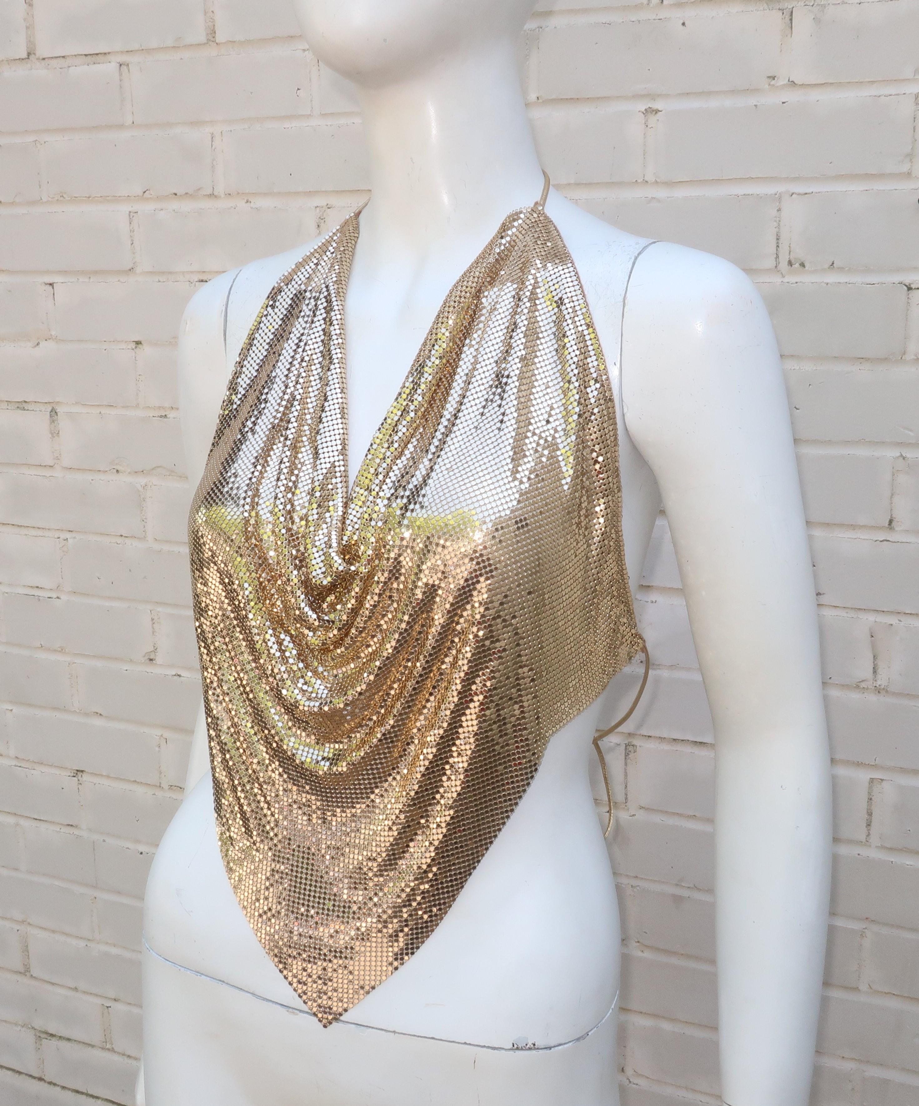 Vintage Whiting & Davis Gold Chain Mail Mesh Halter Top In Excellent Condition In Atlanta, GA