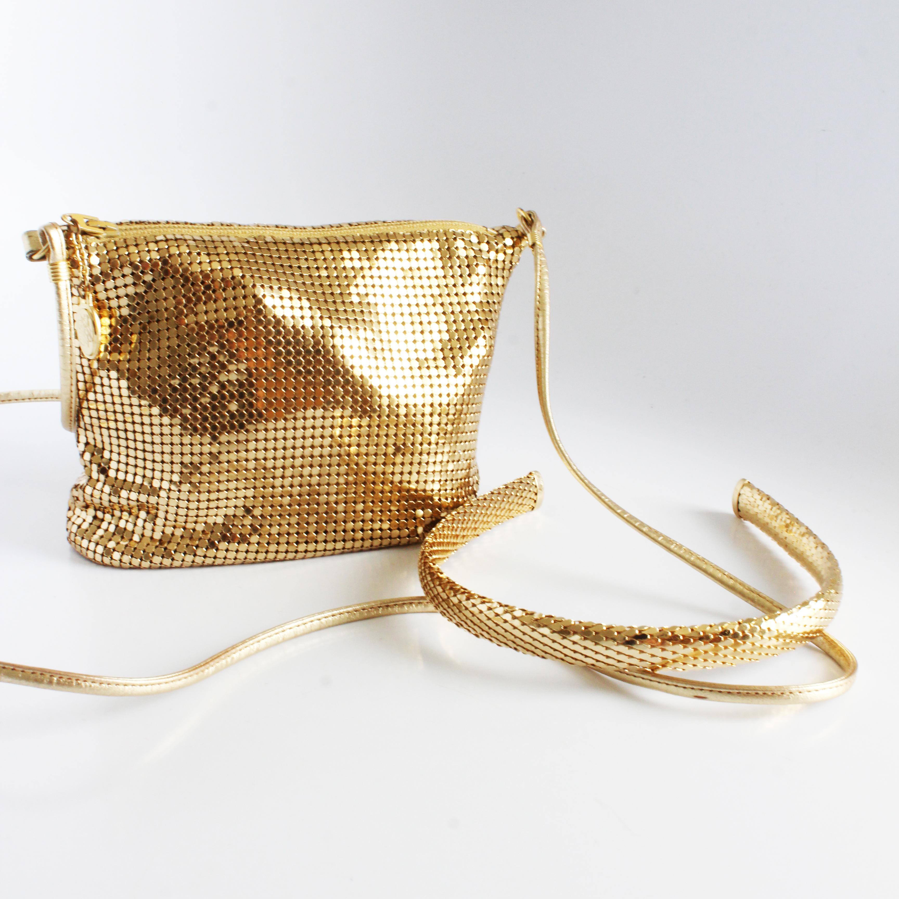 Whiting & Davis ensemble de 3 pièces, sac de soirée, sac de soirée et bande de tête vintage en maille dorée en vente 5