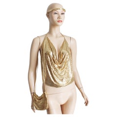 Vintage Whiting & Davis: top, borsa da sera e fascia per la testa 3 pezzi in maglia dorata