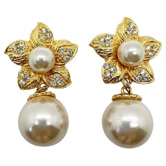 Vintage Whole Pearl & Crystal Flower Earrings 1980s