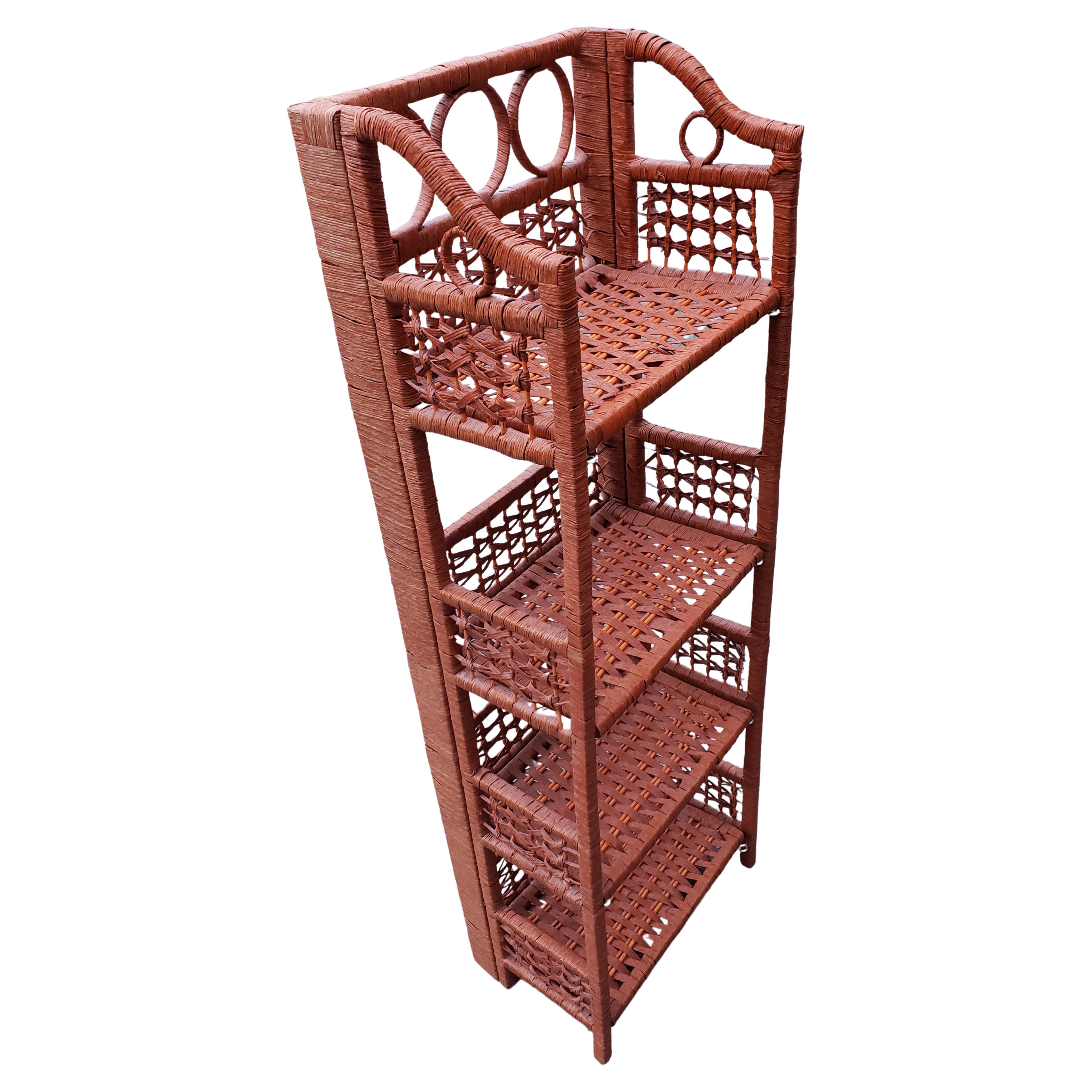 American Classical Vintage Wicker 4 Shelves Folding Etagere For Sale