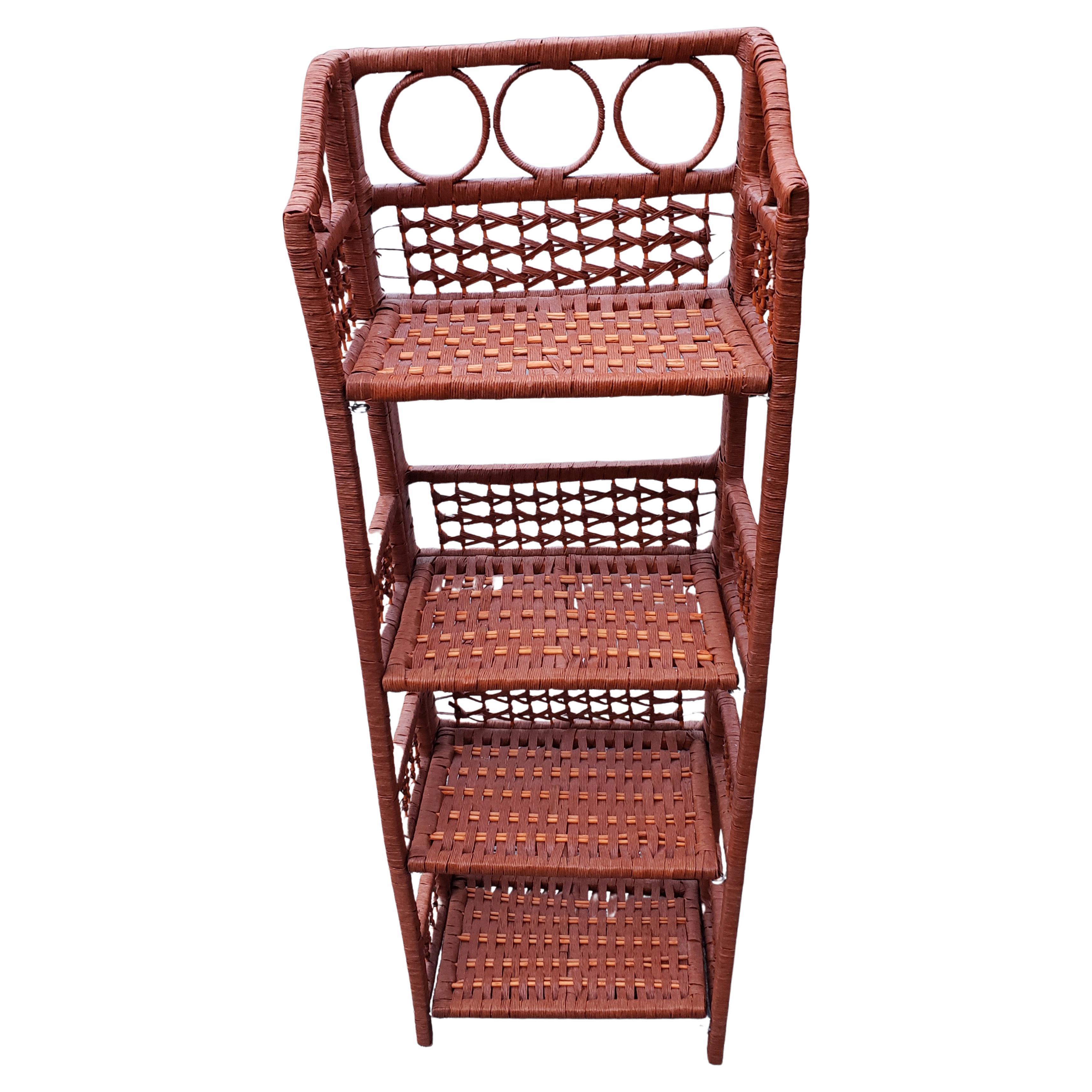 Hand-Crafted Vintage Wicker 4 Shelves Folding Etagere For Sale