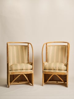 Vintage Wicker and Bamboo High Back Wing Chairs with Linen Cushions