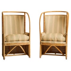 Vintage Wicker and Bamboo High Back Wing Chairs with Linen Cushions