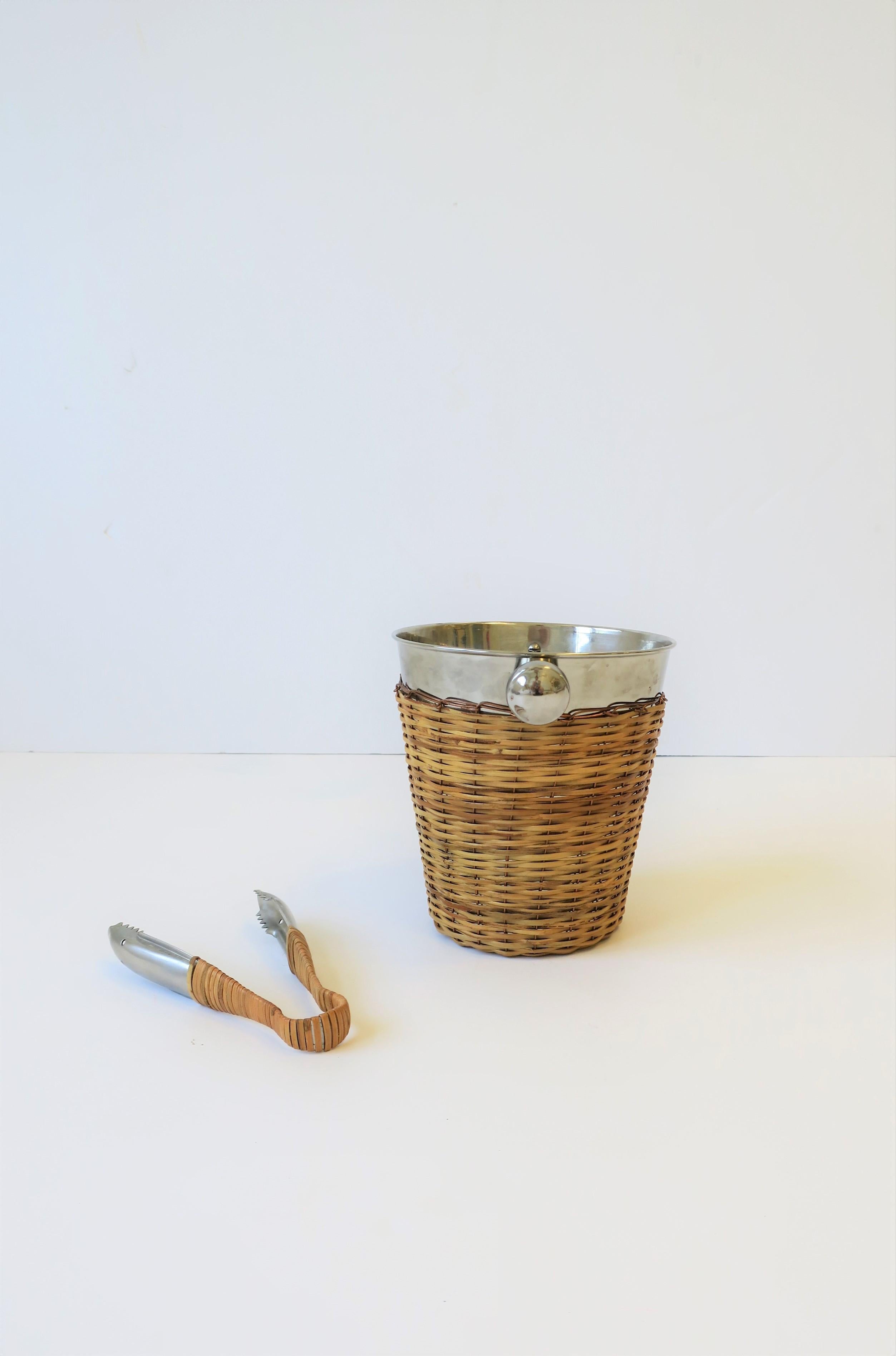 Wicker and Chrome Ice Bucket with Tongs In Good Condition In New York, NY