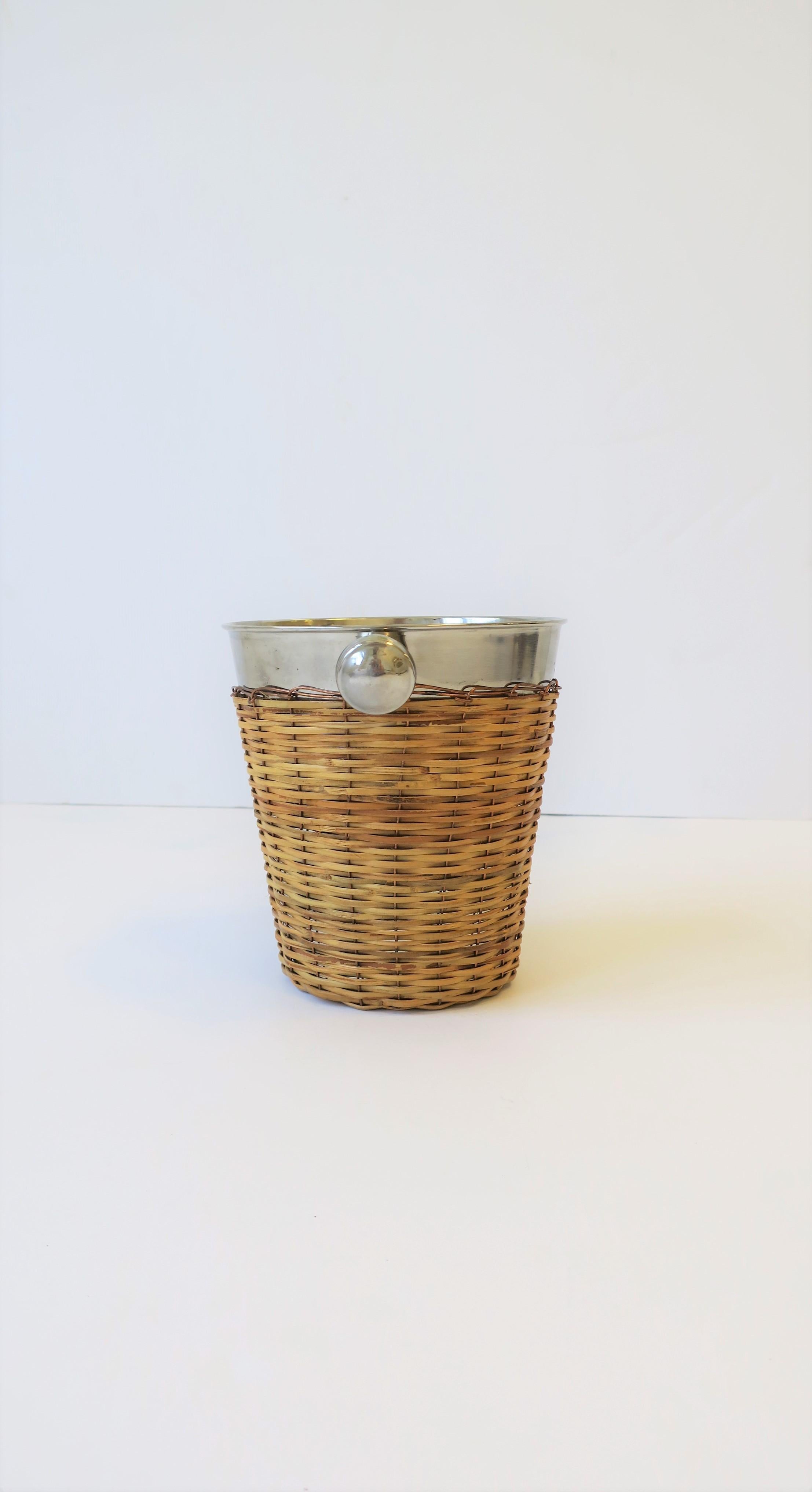 20th Century Wicker and Chrome Ice Bucket with Tongs