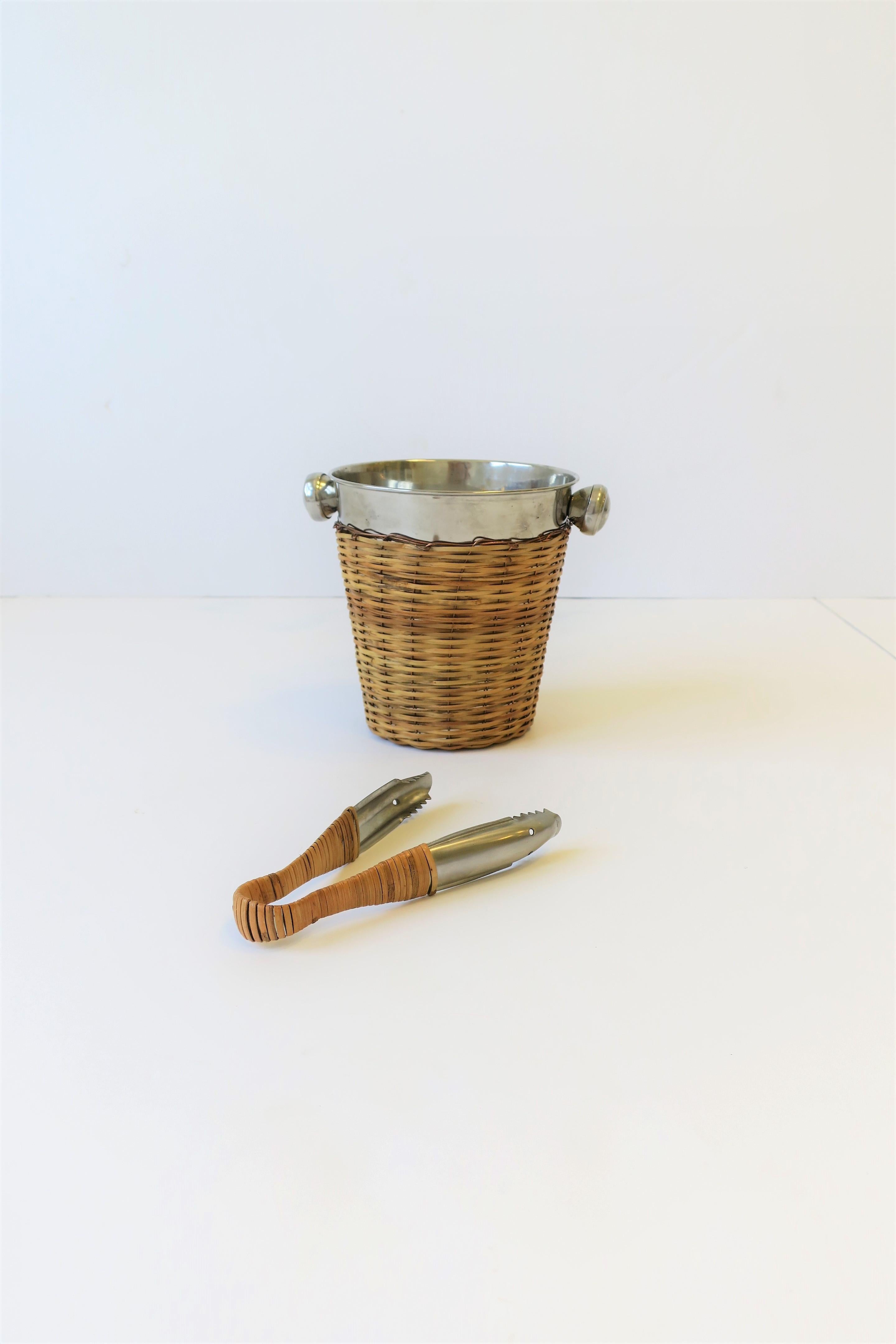 Wicker and Chrome Ice Bucket with Tongs 1