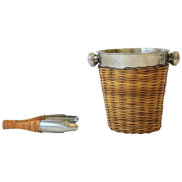 Wicker and Chrome Ice Bucket with Tongs at 1stDibs wicker ice bucket