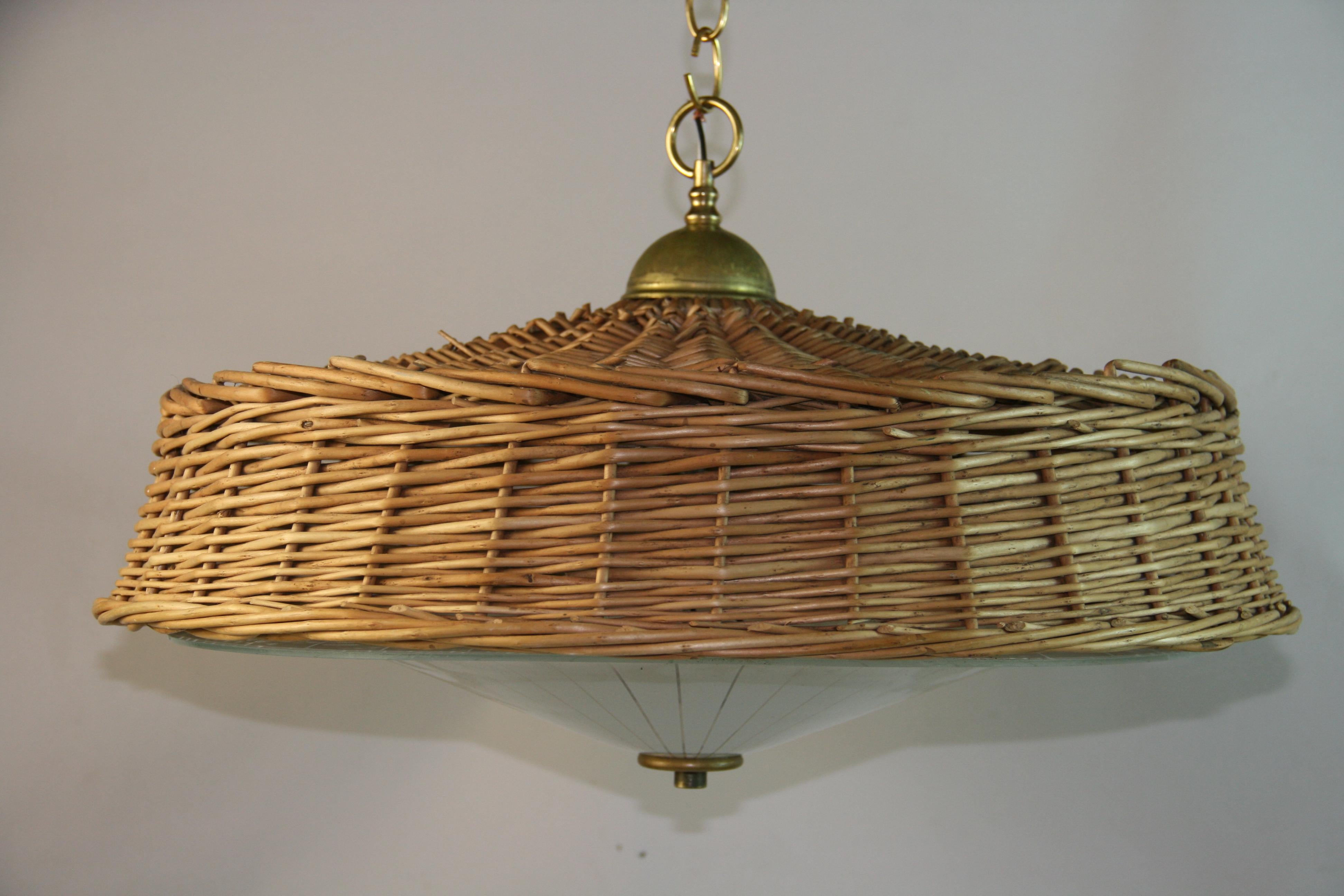 Hand-Crafted Vintage Wicker and Glass Pendant 1970's For Sale