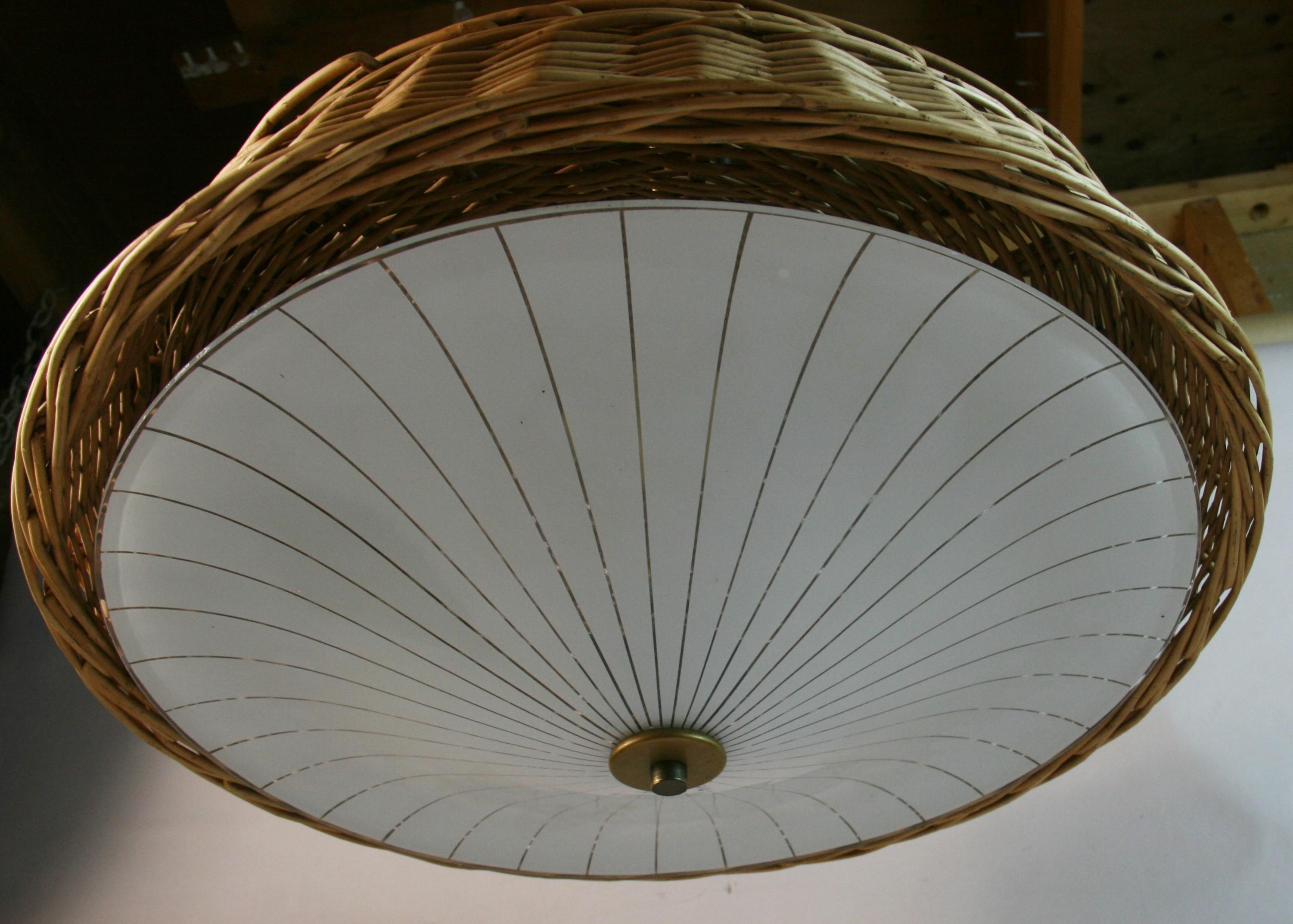 Vintage Wicker and Glass Pendant 1970's In Good Condition For Sale In Douglas Manor, NY