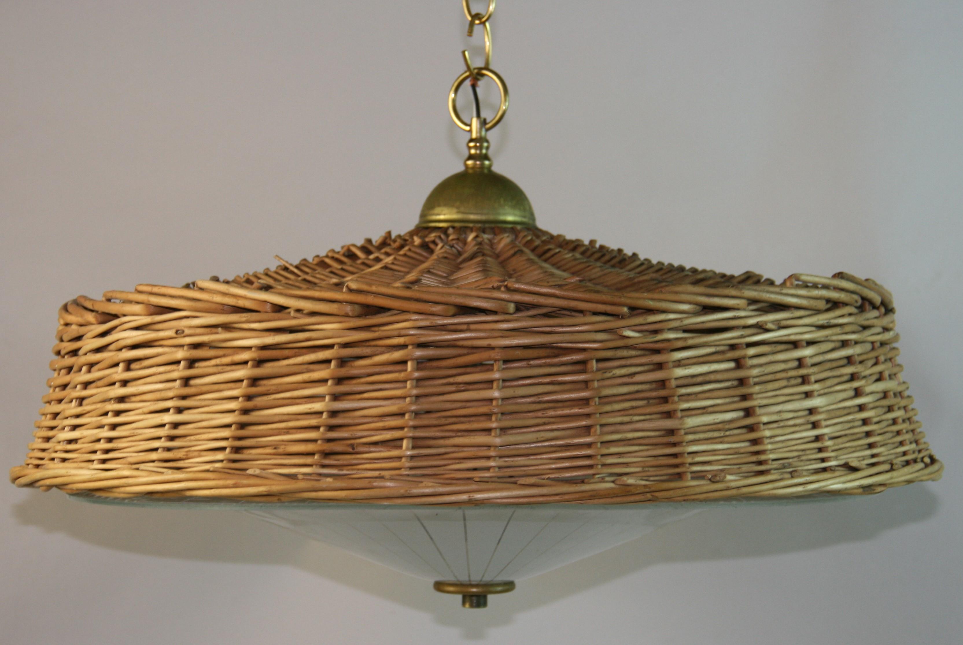Vintage Wicker and Glass Pendant 1970's For Sale 1